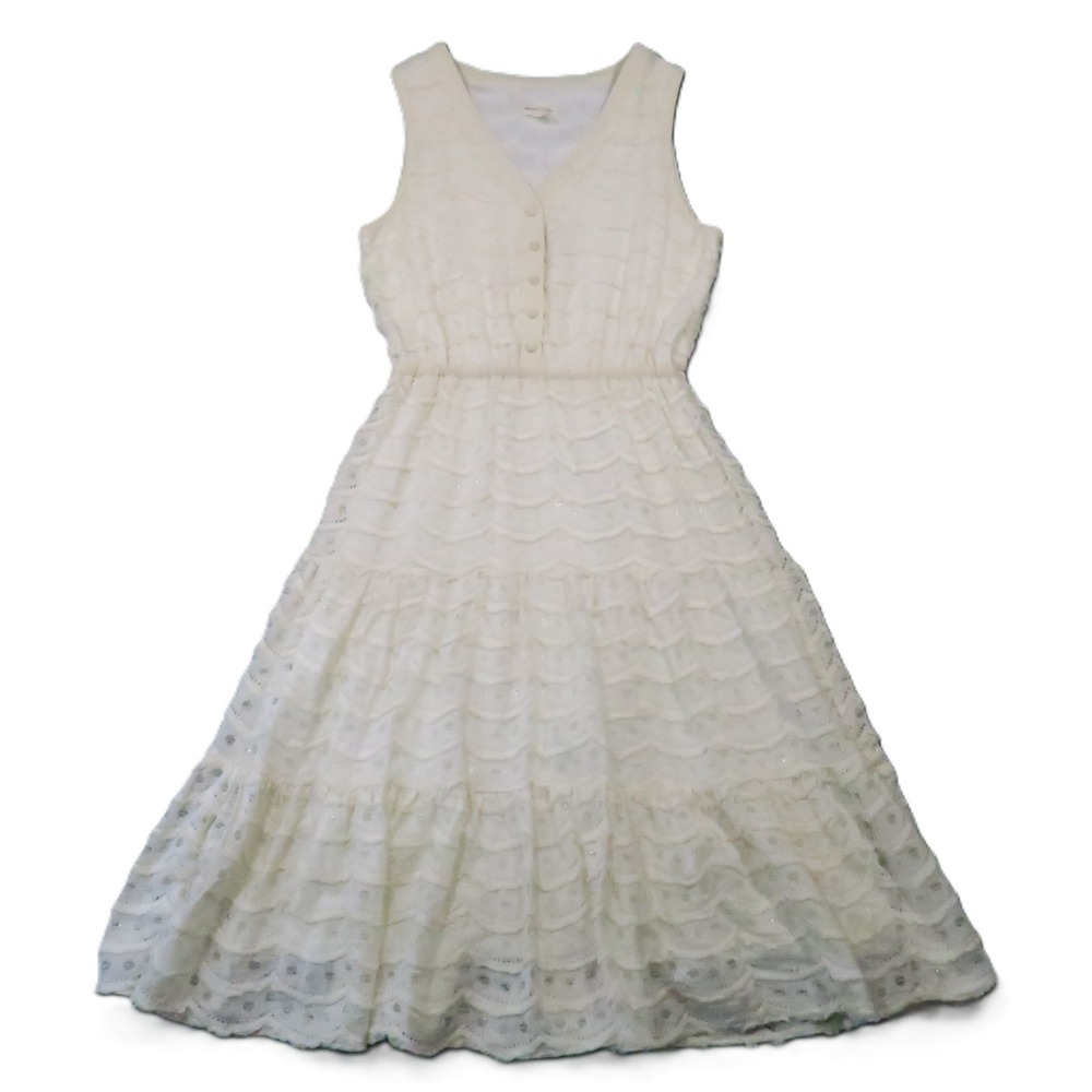 Meadow Rue Lace Tiered Midi Dress M Ivory Button Romantic Boho Cottagecore Sweet